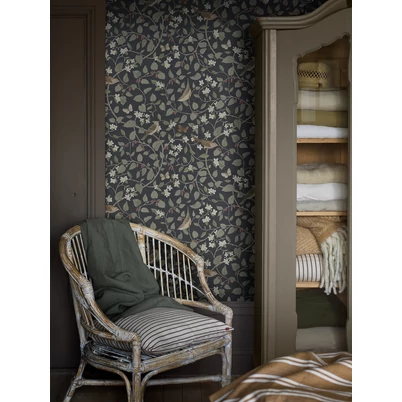 Boras Levél indás madaras fekete vlies tapéta Sångfåglar Black 49 cm X 10 m