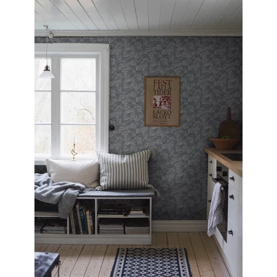 Boras Gobelin hatású klasszikus levél mintás kék vlies tapéta Waldemar Blue 53 cm X 10 m