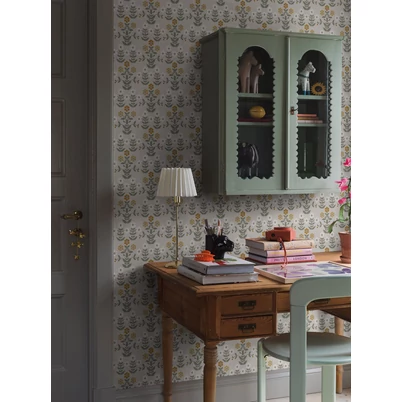 Boras Klasszikus skandináv virág mintás zöld-bézs vlies tapéta Sippor Yellow 53 cm X 10 m