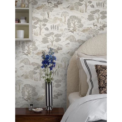 Boras Fa mintás bézs vlies tapéta szarvasokkal Diana Grey 53 cm X 10 m
