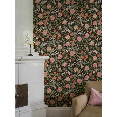 Boras Rózsás lepkés romantikus fekete vlies tapéta Kamelia Black 49 cm X 10 m