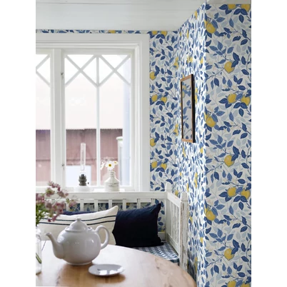 Boras Mediterrán citromos kék-sárga vlies tapéta Citronträd Blue 53 cm X 10 m