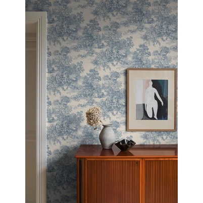 Boras Klasszikus toile mintás kék vlies tapéta Toile de Jouy Blue 53 cm X 10 m