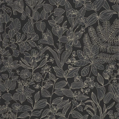 Casadeco Botanikai mintás modern fekete vlies tapéta Esquisse Noir Fusain 53 cm X 10 m