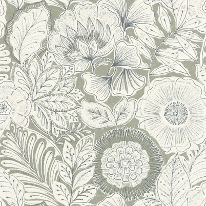 Casadeco Szövethatású virág mintás fehér-zöld vinyl tapéta Batik Vert Sauge 53 cm X 10 m