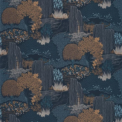 Casadeco Japánkertes elegáns sötétkék vlies tapéta Niwa Bleu Encre 53 cm X 10 m