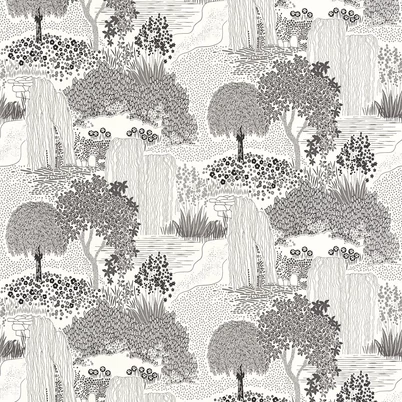 Casadeco Japánkertes elegáns fehér-fekete vlies tapéta Niwa Noir Fusain 53 cm X 10 m