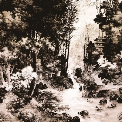 Casadeco Szépiás vlies poszter panel japán erdei ösvénnyel Pavillon D'or Sepia 50 cm X 3 m