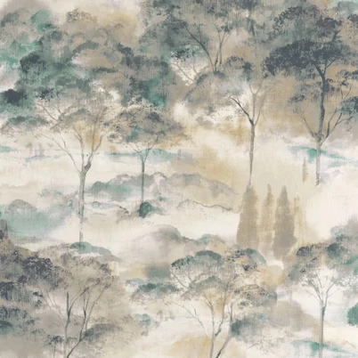 Casadeco Erdő mintás bézs-kék vinyl tapéta Sila Beige Mastic/Bleu Paon 53 cm X 10 m