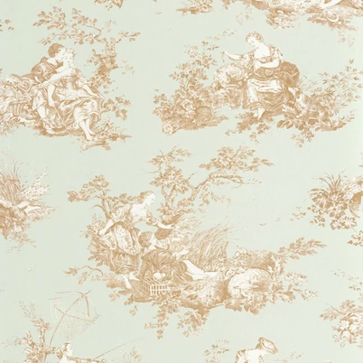 Casadeco halványzöld vlies tapéta aranybarna romantikus mintával Scene D'été Vert Amande 53 cm X 10 m