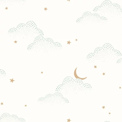 Caselio Felhő mintás fehér vlies tapéta csillagokkal S'Evader Menthe 53 cm X 10 m