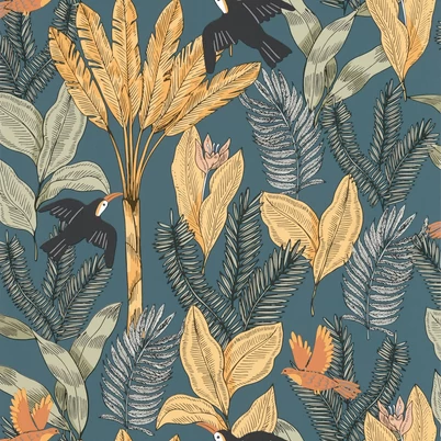 Caselio Trópusi dzsungel mintás sötétkék vlies tapéta Explorer Bleu Nuit 53 cm X 10 m