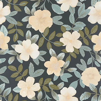 Caselio Virág mintás kék-fekete vinyl tapéta Gaia Bleu Grise Fond Noir 53 cm X 10 m