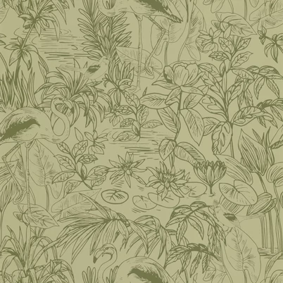 Caselio Flamingó mintás elegáns keki zöld vinyl tapéta Le Cap Vert Kaki 53 cm X 10 m