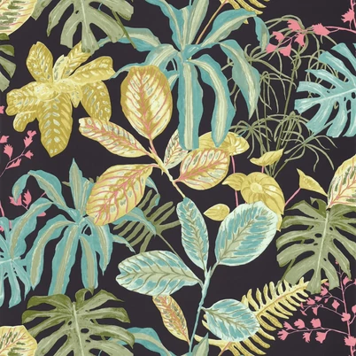 Caselio Levélmintás egzotikus fekete-zöld vinyl tapéta Manaus Noir Multico 53 cm X 10 m