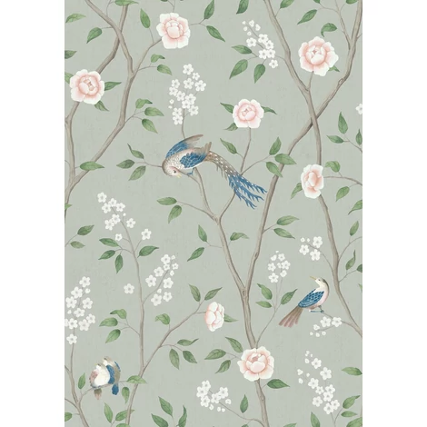 Boras Romantikus madaras virágos zöld vlies tapéta Paradise Birds Green 53 cm X 10 m