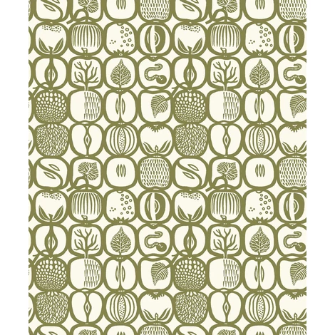 Boras Gyümölcs mintás retro zöld vlies tapéta Stig Lindberg Fruktlåda Green 53 cm X 10 m