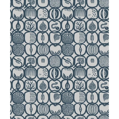 Boras Gyümölcs mintás retro kék vlies tapéta Stig Lindberg Fruktlåda Blue 53 cm X 10 m