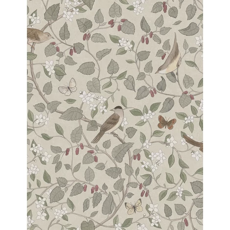 Boras Levél indás madaras bézs vlies tapéta Sångfåglar Beige 49 cm X 10 m