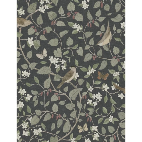 Boras Levél indás madaras fekete vlies tapéta Sångfåglar Black 49 cm X 10 m