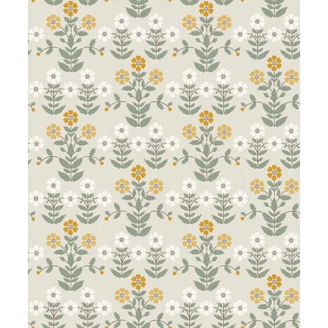 Boras Klasszikus skandináv virág mintás zöld-bézs vlies tapéta Sippor Yellow 53 cm X 10 m
