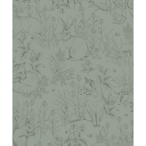Boras Erdei állatos zöld vlies gyerek tapéta Forest Friends Green 53 cm X 10 m