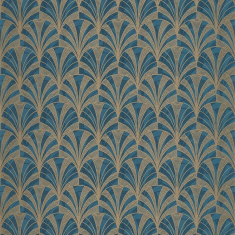 Casadeco Pálmalevél mintás art deco kék-arany vlies tapéta 1930 Palmette Bleu 53 cm X 10 m