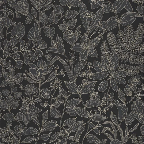 Casadeco Botanikai mintás modern fekete vlies tapéta Esquisse Noir Fusain 53 cm X 10 m