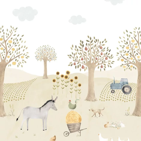 Casadeco Farm világ szamárral vlies poszter tapéta The Farm Adventures With Donkey Naturel 200 cm X 3,1 m
