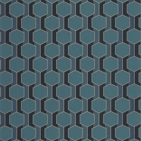 Casadeco Sötétkék-arany geometriai mintás vlies tapéta Hamilton Bleu Paon 53 cm X 10 m