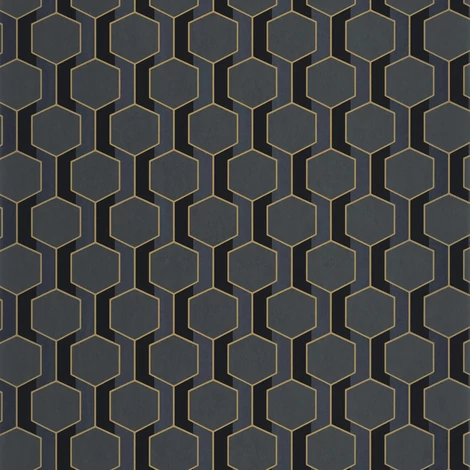 Casadeco Fekete-arany geometriai mintás vlies tapéta Hamilton Noir Reglisse 53 cm X 10 m