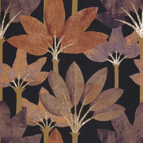 Casadeco Elegáns pálmaleveles fekete-rozsdabarna vinyl tapéta Babel Encre/Rouille 53 cm X 10 m