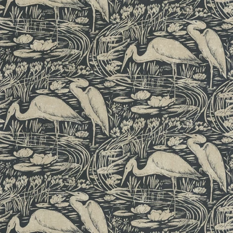 Casadeco Vintage sötétkék vlies tapéta gém madarakkal Euphrate Encre/Naturel 53 cm X 10 m