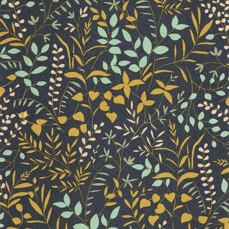 Casadeco Apró levélmintás sötétkék-sárga vlies tapéta La Bastide Lagon/Ocre 53 cm X 10 m