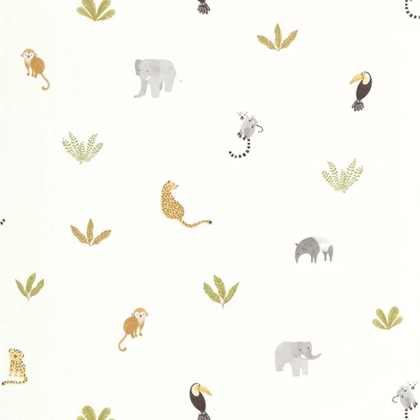 Casadeco Apró állatmintás zöld-fehér vlies tapéta Companions Of The Jungle Vert Feuille 53 cm X 10 m