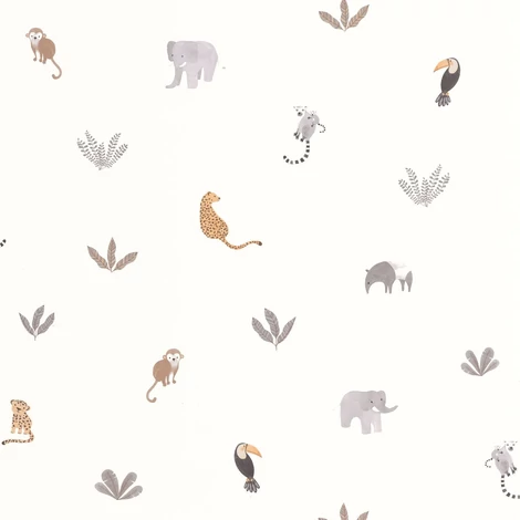 Casadeco Apró állatmintás szürke-fehér vlies tapéta Companions Of The Jungle Naturel 53 cm X 10 m