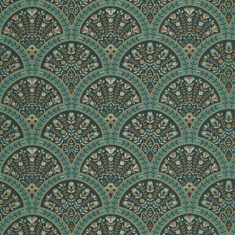 Casadeco legyező mintás kékes zöld vlies tapéta Wallace Canopee 53 cm X 10 m