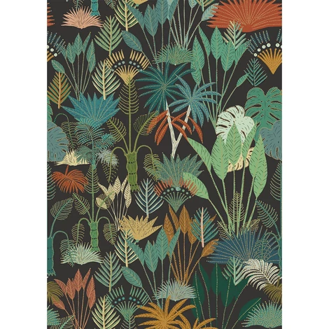 Caselio Trópusi növényes zöld-fekete vlies poszter tapéta Panoramique Manille Vert Rouge Fond Noir 200 cm X 2,8 m