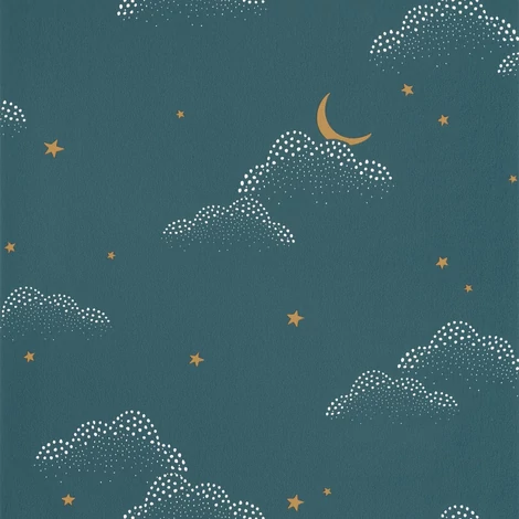 Caselio Felhő mintás sötétkék vlies tapéta csillagokkal S'Evader Bleu Nuit 53 cm X 10 m