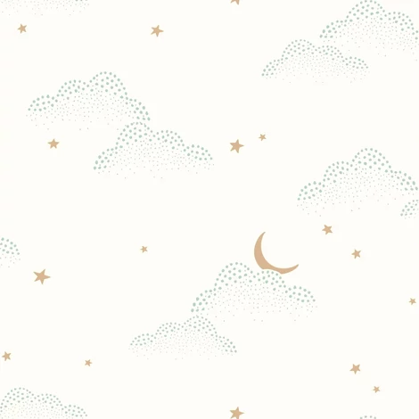 Caselio Felhő mintás fehér vlies tapéta csillagokkal S'Evader Menthe 53 cm X 10 m