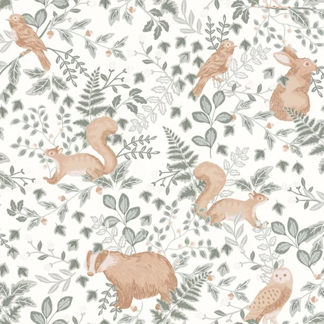 Caselio Erdei állatos fehér-zöld vllies tapéta Se Faufiler Vert De Gris 53 cm X 10 m