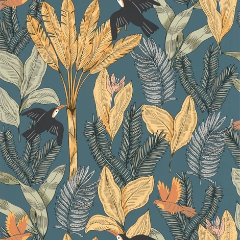 Caselio Trópusi dzsungel mintás sötétkék vlies tapéta Explorer Bleu Nuit 53 cm X 10 m