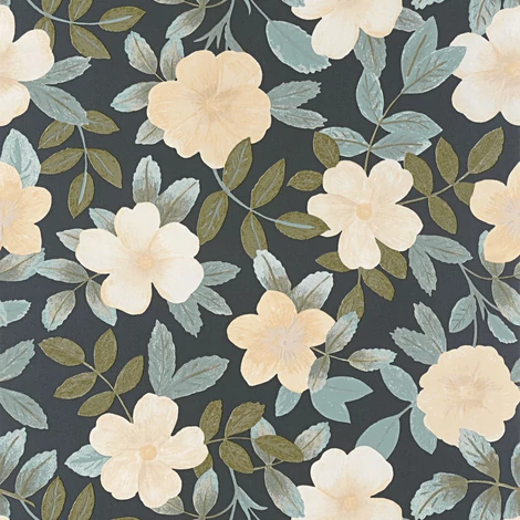Caselio Virág mintás kék-fekete vinyl tapéta Gaia Bleu Grise Fond Noir 53 cm X 10 m