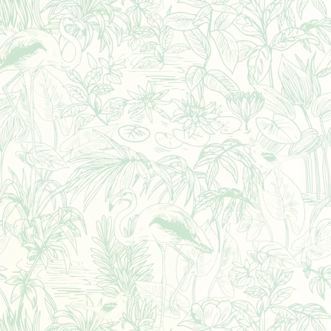 Caselio Flamingó mintás elegáns zöld vinyl tapéta Le Cap Vert D'Eau 53 cm X 10 m