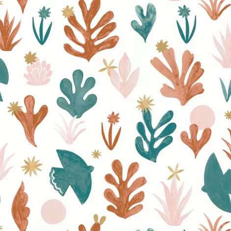 Caselio Madár mintás vidám zöld-rózsaszín vlies tapéta Liberte Terracotta Rose Dore 53 cm X 10 m