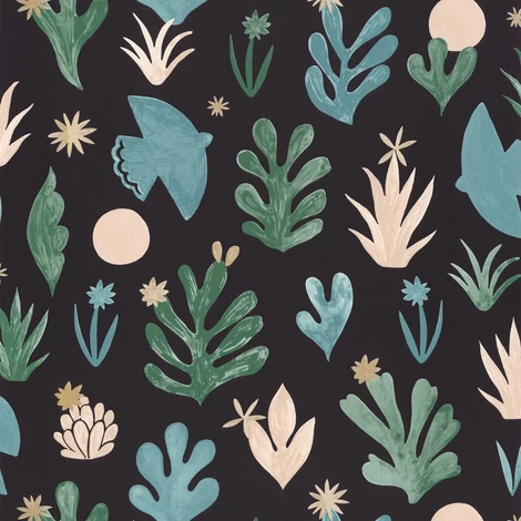 Caselio Madár mintás vidám zöld-fekete vlies tapéta Liberte Vert Emeraude Dore Noir 53 cm X 10 m