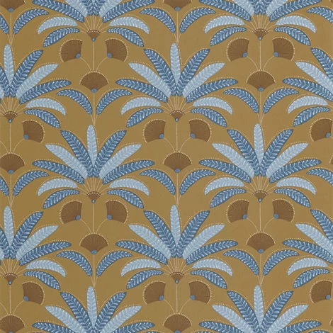 Caselio Pálmafás art deco mustársárga-kék vinyl tapéta Gisele Moutarde 53 cm X 10 m