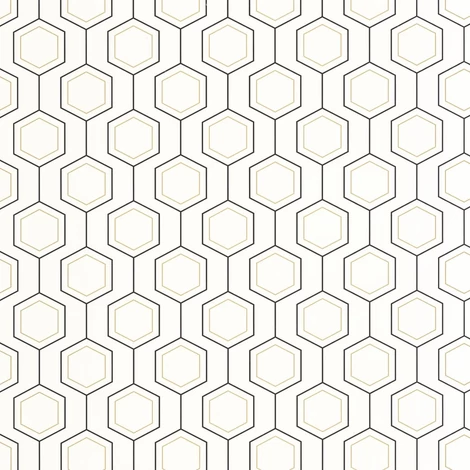 Caselio Geometriai mintás modern fehér-arany vlies tapéta Hexaline Noir Blanc Or 53 cm X 10 m