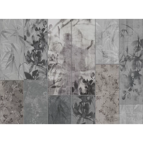 JV Japán nő virágokkal szürke vinyl poszter tapéta Sumi Anthracite 400 cm X 3 m