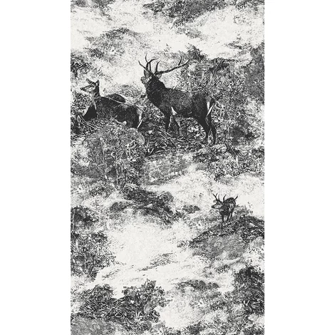 KT-Exclusive Tájkép szarvasokkal fekete-fehér vlies tapéta Sauvage Creme-Black 52 cm X 10 m